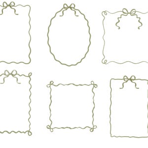 May include: A collection of six decorative frames in various shapes: rectangular, oval, and square. Each frame is outlined in a wavy, olive-green line and adorned with a bow at the top. The frames are set against a white background.