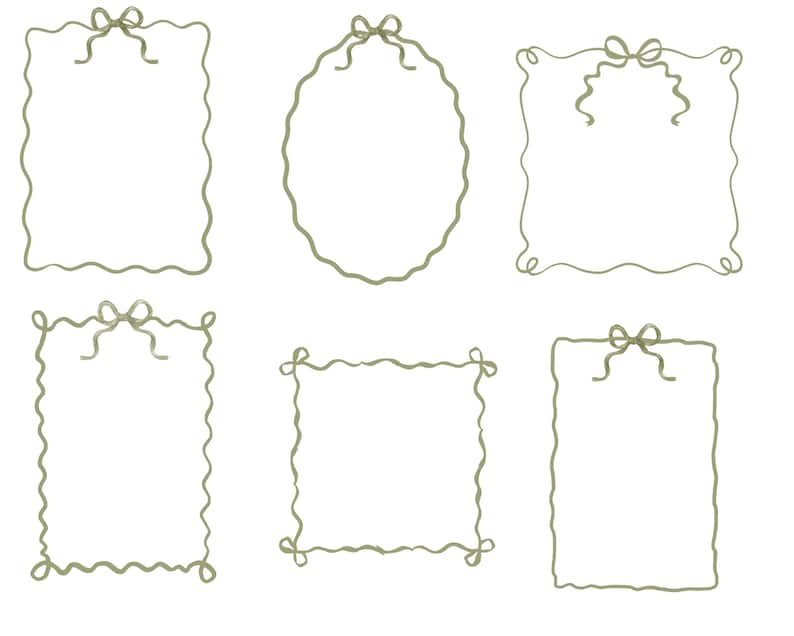 May include: A collection of six decorative frames in various shapes: rectangular, oval, and square. Each frame is outlined in a wavy, olive-green line and adorned with a bow at the top. The frames are set against a white background.