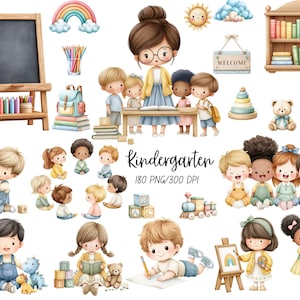 Puede incluir: Una colección digital de ilustraciones en acuarela con niños en un aula, incluyendo un maestro, estudiantes, una pizarra, libros, juguetes, un arcoíris y el texto Kindergarten 180 PNG/300 DPI para proyectos educativos.