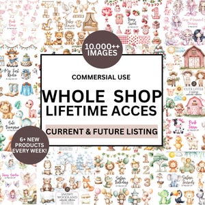 Op de afbeelding: Een digitale collectie van meer dan 10.000 aquarelillustraties met thema's zoals babyshowers, boerderijdieren, dinosaurussen, zeemeerminnen en bosdieren, met de tekst 10,000++ IMAGES, COMMERCIAL USE, WHOLE SHOP LIFETIME ACCES.