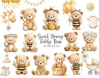 Watercolor Bee and Bear Clipart Bundle, Bumblebee Baby Shower PNG, Little Honey Bear Nursery Graphics, Teddy Bear PNG