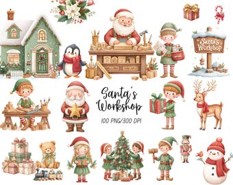 Santa's Workshop Clipart, Christmas Elves Graphics, Gingerbread Man PNG, Holiday Bundle, Commercial Use