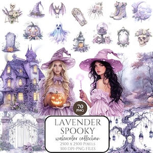 Halloween Clipart, Lavender Spooky, Watercolor Pastel Halloween Clipart, Floral Spooky Halloween Clip Art, Soft Cozy Halloween PNG Bundle
