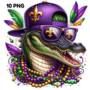 10 PNG Mardi Gras Alligator png Perline viola e oro alligatore in tonalità e in berretto png ragazzi caccia file di stampa di immagini a sublimazione caccia alligatore