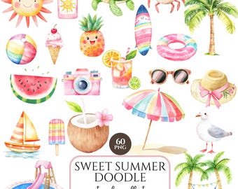 Watercolor Summer Clipart, Late Summer Pool Party PNG, Cute Summer Planner Stickers, Beach and Sunshine Elements, Commercial Use