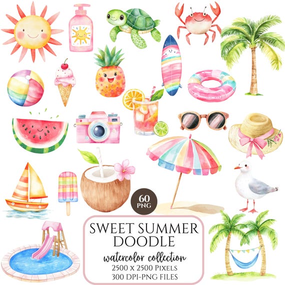 Watercolor Summer Clipart, Late Summer Pool Party PNG, Cute Summer Planner Stickers, Beach and Sunshine Elements, Commercial Use