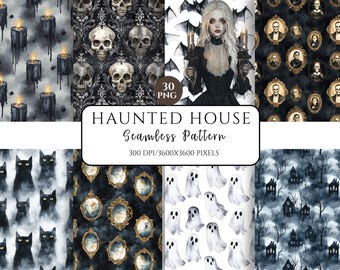 Può includere: Un collage di arte digitale con vari motivi senza cuciture a tema Halloween. I motivi includono teschi, candele, ritratti, gatti neri, orologi, fantasmi e case infestate. Il testo "HAUNTED HOUSE Seamless Pattern" è visualizzato.