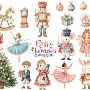 Puede incluir: Ilustraciones en acuarela de personajes clásicos navideños y festivos, incluyendo un cascanueces, una bailarina, un soldado ratón y un hada. La imagen también presenta un árbol de Navidad, adornos y una bola de nieve. Se muestra el texto "Classic Nutcracker".