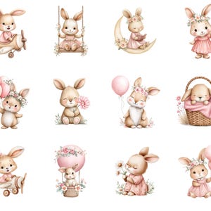 May include: A collection of watercolour illustrations featuring cute bunnies. The bunnies are depicted in various scenes, including flying a plane, swinging, and holding balloons and flowers. The colour palette is soft, with pinks and beiges, ideal for Easter or baby-themed projects.