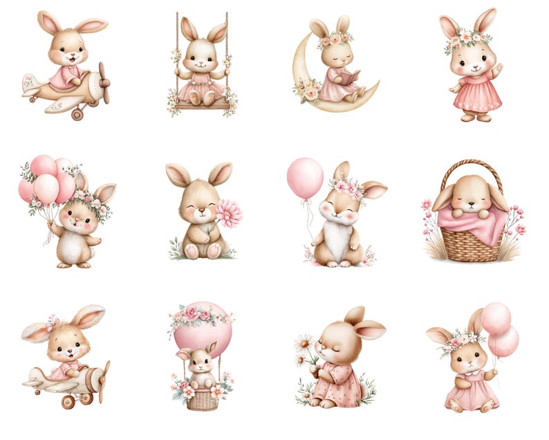 May include: A collection of watercolour illustrations featuring cute bunnies. The bunnies are depicted in various scenes, including flying a plane, swinging, and holding balloons and flowers. The colour palette is soft, with pinks and beiges, ideal for Easter or baby-themed projects.