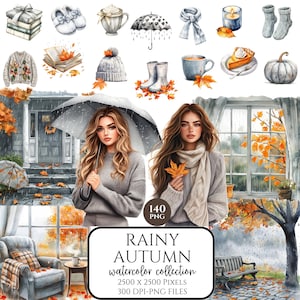 Könnte beinhalten: Aquarellillustration einer regnerischen Herbstszene mit Frauen, Regenschirmen und herbstlichen Elementen. Enthält einen gemütlichen Pullover, Schal, Kürbis und den Text "RAINY AUTUMN watercolor collection". Das Bild ist 2500 x 2500 Pixel groß.