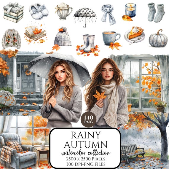 Rainy Autumn Clipart Bundle, Cottagecore Fall PNG, Cozy Reading, Umbrellas, Journaling Stickers, Scrapbooking, Watercolor Clip Art