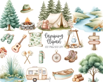 Camping clipart bundle, outdoor activities PNG,hiking vacation, mountain forest, campfire, nature decor, digital download