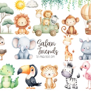 Op de afbeelding: Waterverfillustratie met safari-dieren, waaronder een leeuw, olifant, giraf en zebra. De afbeelding bevat een jeep, een luchtballon en de tekst "Safari Friends".