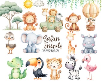 Watercolor Safari Friends Clipart, Cute Animals Clipart, Baby Animals, Baby Shower Clipart, Safari Nursery, Boho Tropical Animals