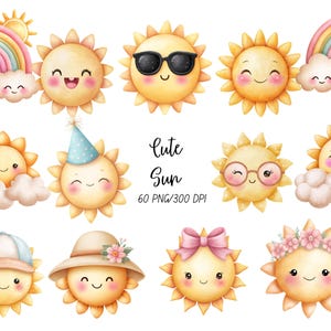 Puede incluir: Ilustraciones en acuarela de soles sonrientes con varios accesorios, incluyendo gafas de sol y sombreros de fiesta. La imagen también presenta arcoíris y nubes. El texto "Cute Sun" se muestra en una fuente manuscrita.