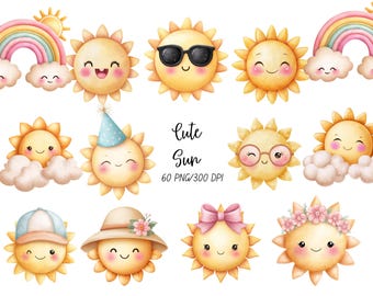 May include: Watercolor illustrations of smiling suns with various accessories, including sunglasses, party hats, and bows. The image also features rainbows and clouds. The text "Cute Sun" is displayed in a handwritten font.