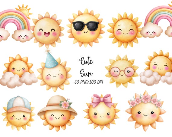 Cute Sun Clipart, Watercolor Sun, Summer Sunshine, First Trip Around The Sun, Happy Smiling Sun, Digital Download, Commercial Use PNG