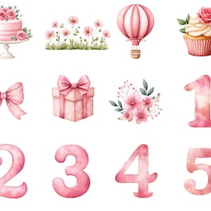 May include: Watercolour illustrations of pink objects on a white background. Includes a pink cake on a stand, flowers, a hot air balloon, a cupcake, a bow, a gift box, floral arrangements, and the numbers 1, 2, 3, 4, and 5.