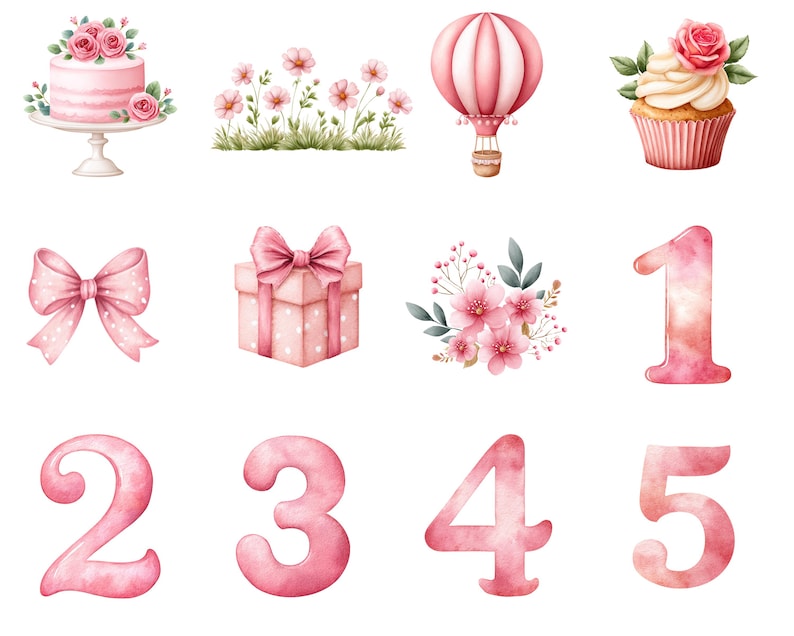 May include: Watercolour illustrations of pink objects on a white background. Includes a pink cake on a stand, flowers, a hot air balloon, a cupcake, a bow, a gift box, floral arrangements, and the numbers 1, 2, 3, 4, and 5.