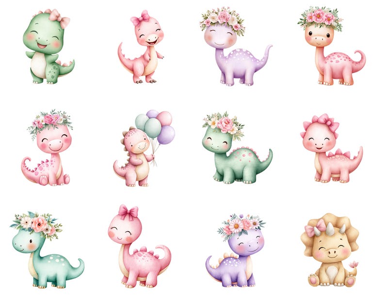 Dinosaurs Watercolor Clipart, Cute Dino PNG, Girly Dinosaur Baby Shower ...