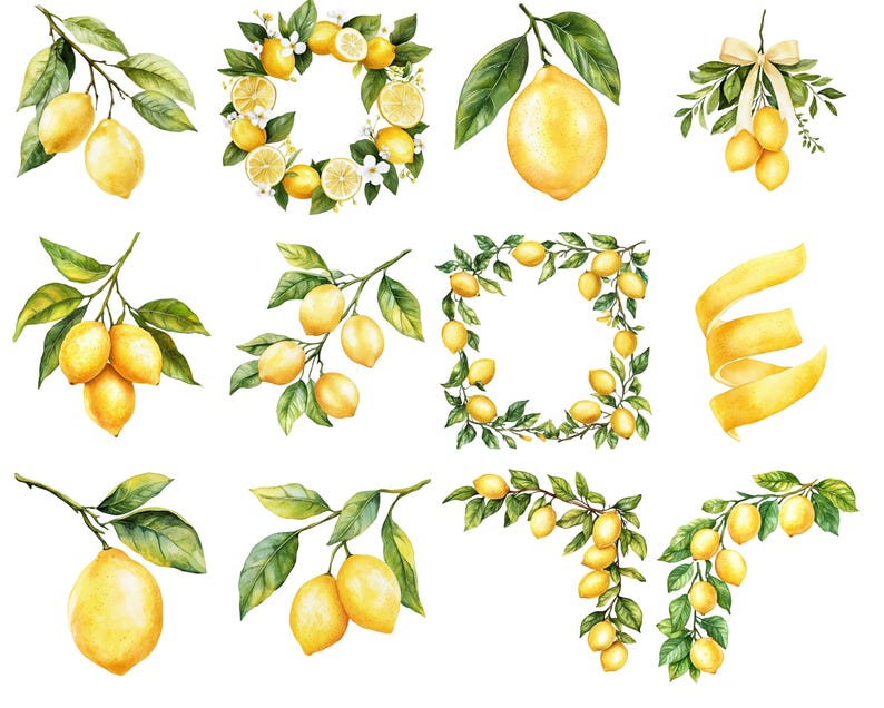May include: Watercolor illustrations of lemons and lemon branches. The image features various arrangements, including single lemons, clusters, wreaths, and decorative elements. The lemons are bright yellow with green leaves.
