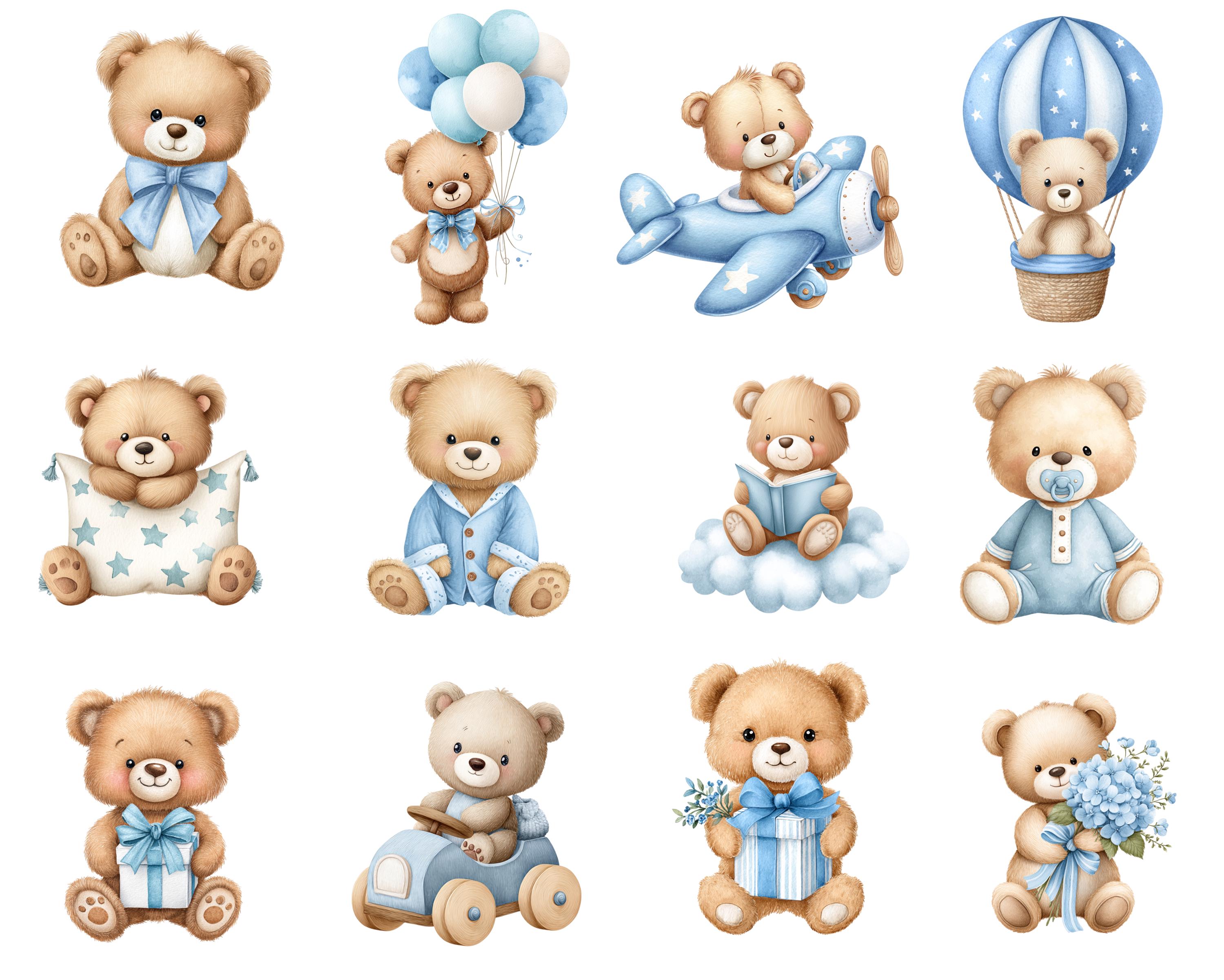 Teddy Bear Clipart Watercolor Baby Blue Boy Teddy Bear Nursery Art Baby ...