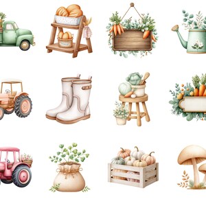 May include: Watercolor illustrations of farm and garden elements. Includes a green pickup truck, a wooden shelf with produce, a sign with carrots, a watering can, tractors, white boots, a stool with vegetables, a sign with carrots, a bag with plants, a crate of pumpkins, and mushrooms.