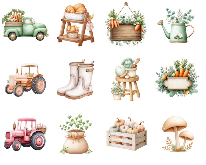 May include: Watercolor illustrations of farm and garden elements. Includes a green pickup truck, a wooden shelf with produce, a sign with carrots, a watering can, tractors, white boots, a stool with vegetables, a sign with carrots, a bag with plants, a crate of pumpkins, and mushrooms.
