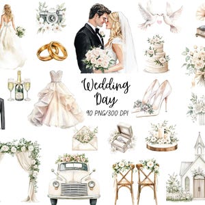 May include: Watercolor illustrations of wedding elements, including a bride and groom, wedding rings, a dress, cake, shoes, and a church. The text "Wedding Day" is also included.