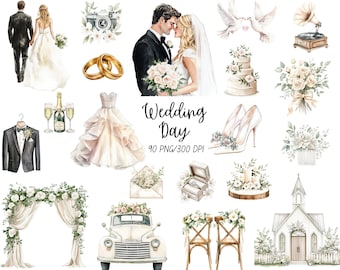 Wedding Clipart Bundle, Watercolor White Wedding Clipart, Bride Clipart, Wedding Elements, Wedding Venue PNG Set | Commercial Use