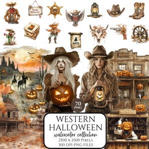 Può includere: Una collezione di acquerelli a tema Western e Halloween. L'immagine include illustrazioni di cowboy, zucche, lanterne e un saloon. Il testo sull'immagine recita "WESTERN HALLOWEEN watercolor collection 2500 x 2500 PIXELS 300 DPI-PNG FILES."