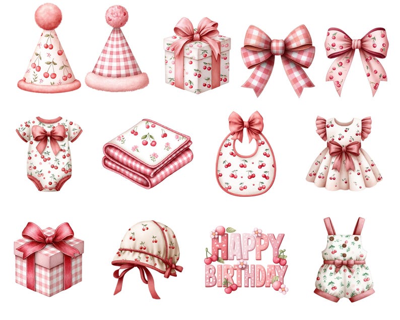 Puede incluir: Una colecci&oacute;n de ilustraciones en acuarela con tem&aacute;tica de flor de cerezo. Incluye gorros de fiesta, cajas de regalo, lazos, ropa de beb&eacute;, un babero, un vestido, un sombrero para el sol y un letrero de "Feliz Cumplea&ntilde;os". Los art&iacute;culos son en tonos rosa y blanco.