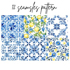 May include: A collection of 12 seamless patterns in shades of blue, yellow, and green. The patterns include floral designs, lemon and floral motifs, and geometric tile patterns. The text "12 seamless pattern" is written in black script at the top.