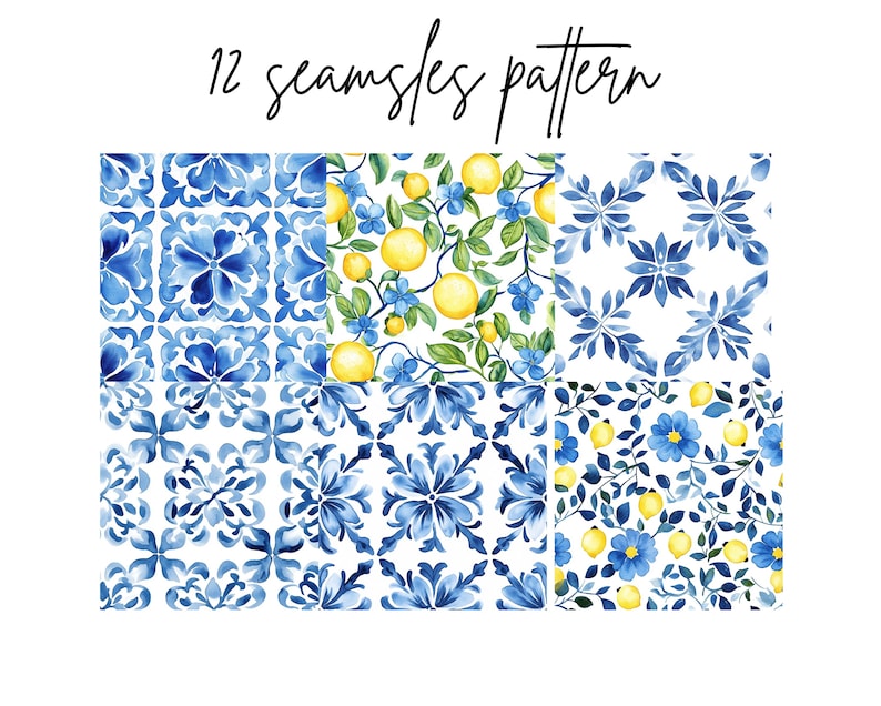 May include: A collection of 12 seamless patterns in shades of blue, yellow, and green. The patterns include floral designs, lemon and floral motifs, and geometric tile patterns. The text "12 seamless pattern" is written in black script at the top.