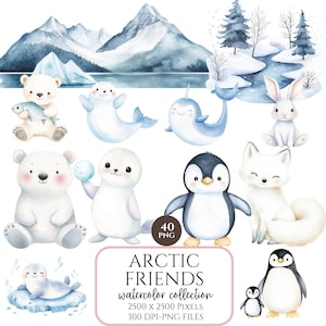 Cute Arctic Animals Clipart Watercolor Winter Polar Animals Boho Nursery Wall Art Decor PNG Commercial Use Snowy Landscape Scenes