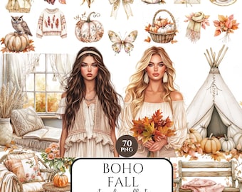 Watercolor Boho Fall Clipart Bundle, Neutral Autumn PNG, Cozy Cottagecore Fall Girls, Digital Stickers, Planner,Scrapbooking, Commercial Use