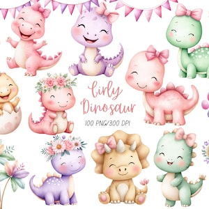 May include: A watercolour illustration featuring several adorable, girly dinosaurs in pastel shades. The dinosaurs are depicted in pink, purple, green, and yellow, adorned with bows and floral crowns. The text "Girly Dinosaur" is present.