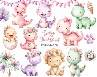 Può includere: Illustrazione ad acquerello di vari simpatici dinosauri femminili in colori pastello. I dinosauri sono rosa, viola, verdi e gialli, con fiocchi e corone di fiori. È incluso anche il testo "Girly Dinosaur".