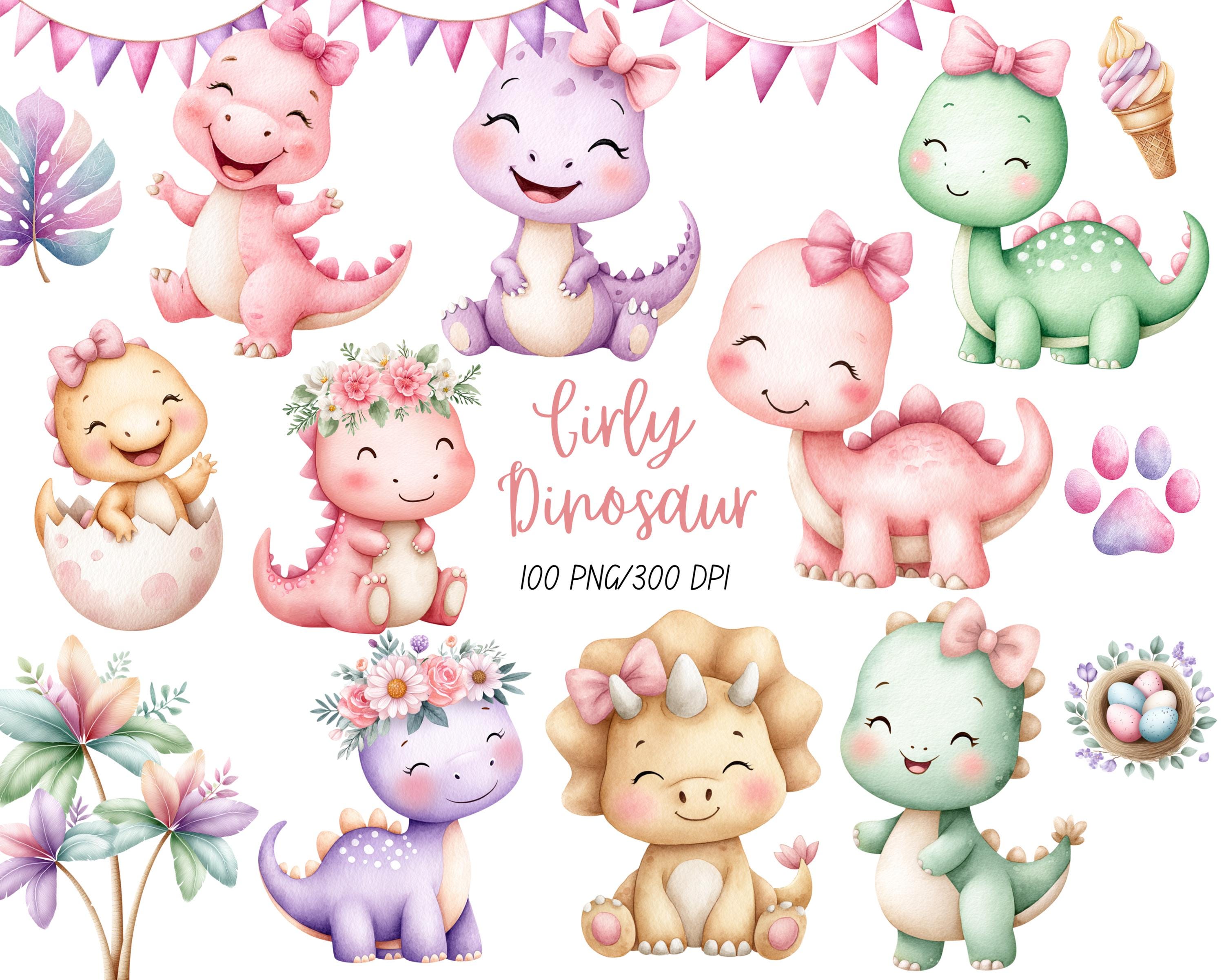 Dinosaurs Watercolor Clipart, Cute Dino PNG, Girly Dinosaur Baby Shower ...