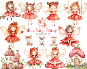 Strawberry Fairy Clipart, Cute Watercolor Fairies PNG, Berry Sweet First Birthday, Coquette Bow Baby Shower, Digital Download