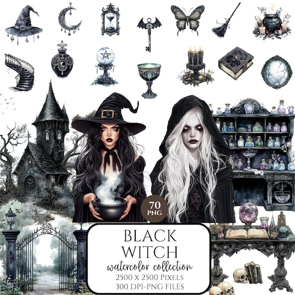 Black Witch Clipart Set PNG Witchcraft Graphics Transparent Images for Halloween Scrapbooking & Digital Art