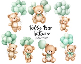 May include: Watercolor illustrations of teddy bears holding mint green balloons. The bears have brown fur, bows, and are in various poses. The text "Teddy Bear Balloon" is written in black script.