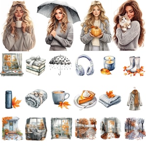 May include: Watercolor illustrations of autumn-themed items and people. The image includes women with coffee, an umbrella, and a pumpkin. Other items include books, an umbrella, headphones, a candle, boots, a blanket, a pie, and a coat.