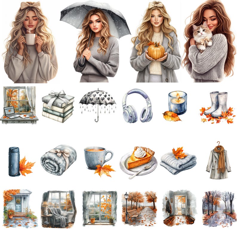 May include: Watercolor illustrations of autumn-themed items and people. The image includes women with coffee, an umbrella, and a pumpkin. Other items include books, an umbrella, headphones, a candle, boots, a blanket, a pie, and a coat.