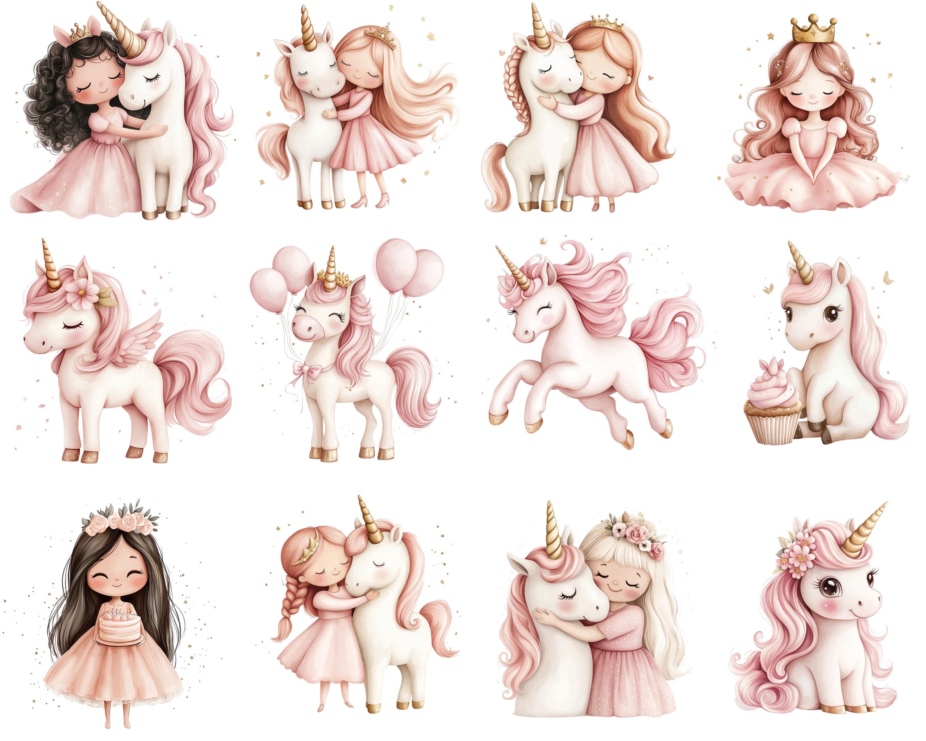 Cute Unicorn and Princess Clipart, Pink and Gold Balloon PNG, Pastel ...