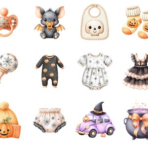 May include: A collection of Halloween-themed baby items including a pacifier, a bat character, a skull bib, pumpkin socks, a rattle, a pumpkin print romper, a spiderweb bodysuit, a ruffled dress, a pumpkin hat, bloomers, a witch car, and a cauldron.