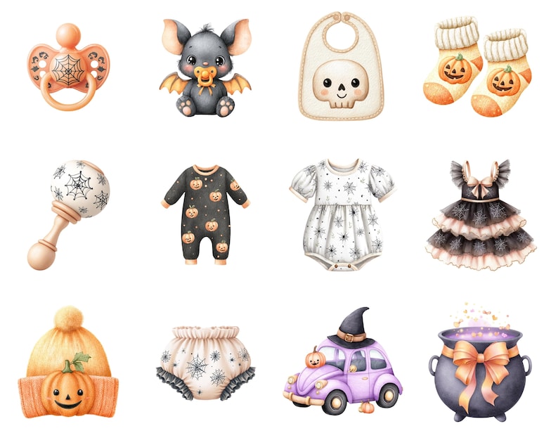 May include: A collection of Halloween-themed baby items including a pacifier, a bat character, a skull bib, pumpkin socks, a rattle, a pumpkin print romper, a spiderweb bodysuit, a ruffled dress, a pumpkin hat, bloomers, a witch car, and a cauldron.