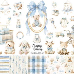 May include: A collection of watercolour nursery illustrations featuring a teddy bear in a blue bow frame, baby animals, a crib, a carriage, toys, and patterned backgrounds with the text Nursery Gallery 150 PNG/300 DPI in a script font.