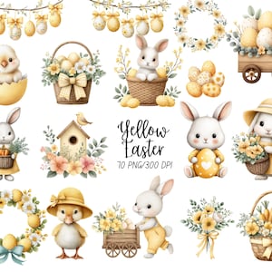 Könnte beinhalten: Aquarellillustrationen mit Ostermotiven. Das Bild zeigt Hasen, Küken, Eier, Kränze und Körbe, alles in sanften Gelb- und Pastellfarben. Der Text "Yellow Easter" ist ebenfalls vorhanden.